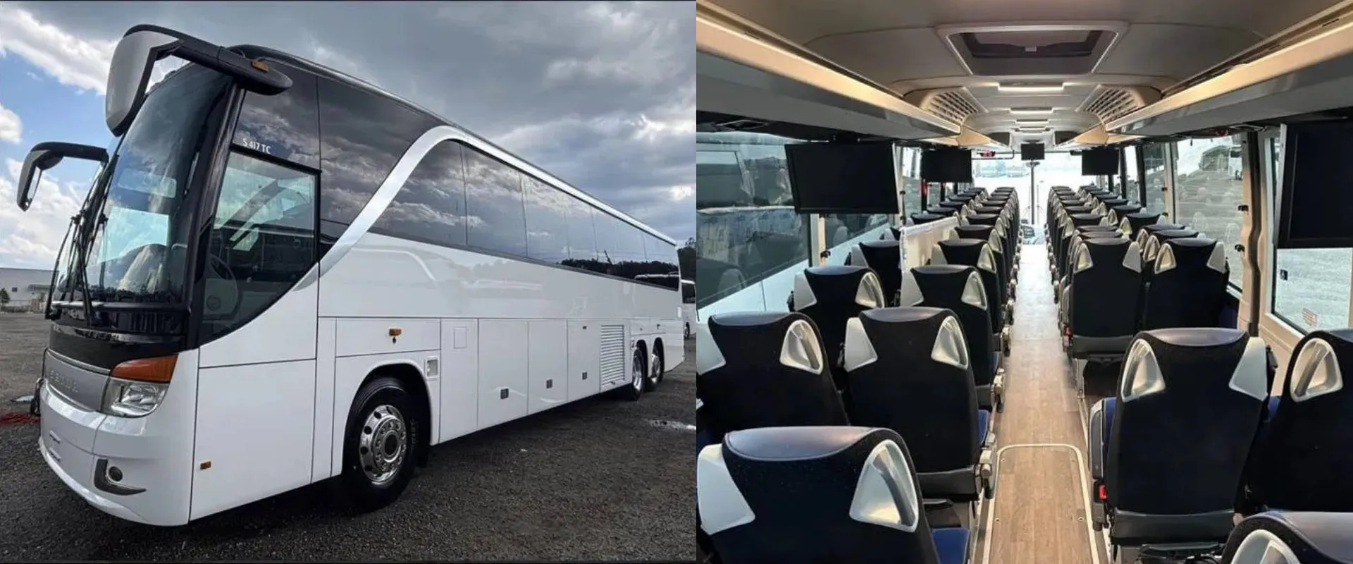 Charter bus parked loading passengers for corporate event