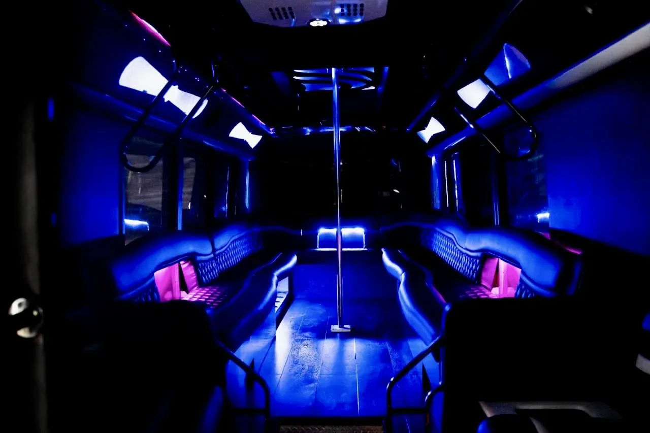 Party bus interior with LED lights and seating